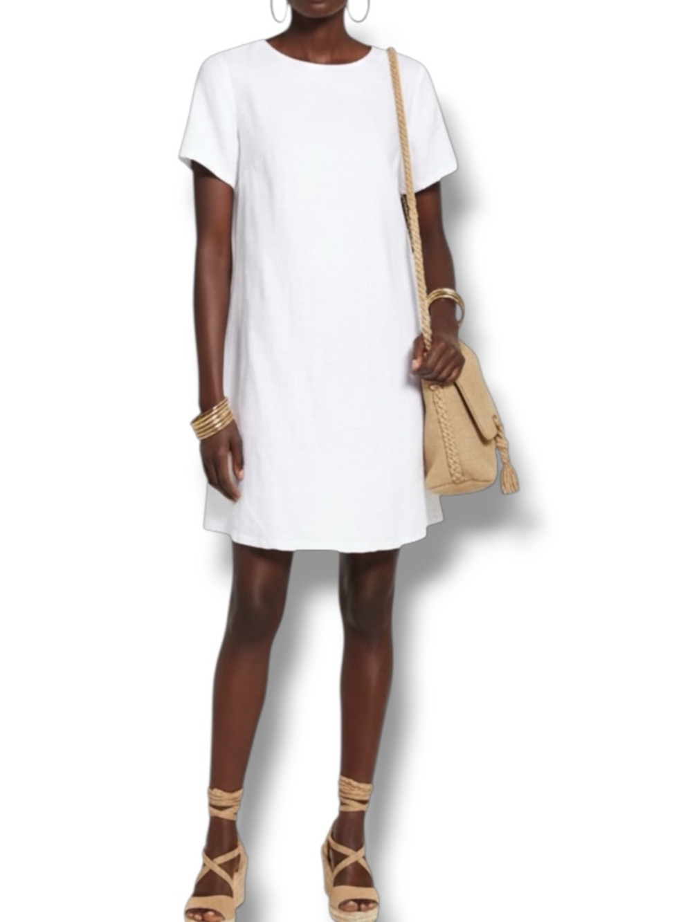 Tommy Bahama White Linen Shift Dress Frayed Hem Short Sleeve Back Zip S
